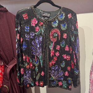 Vintage Joseph Le Bon Colorful Beaded Floral Print Silk Sequin Party Jacket